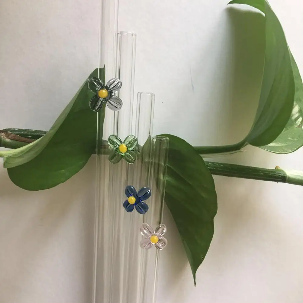 

Handmade Flowers Straw Glass Straight Bend Glass Drinking Straws Reusable Eco-friendly Straw With Cleaning Brush, 4 colors