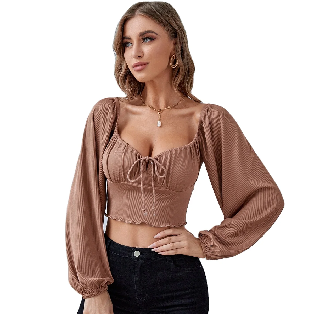 

Overseas Tops Fashion Women Blouses Elegant Trendy Tops Long Lantern Sleeve Wavy Hem Women's Tops, Picture