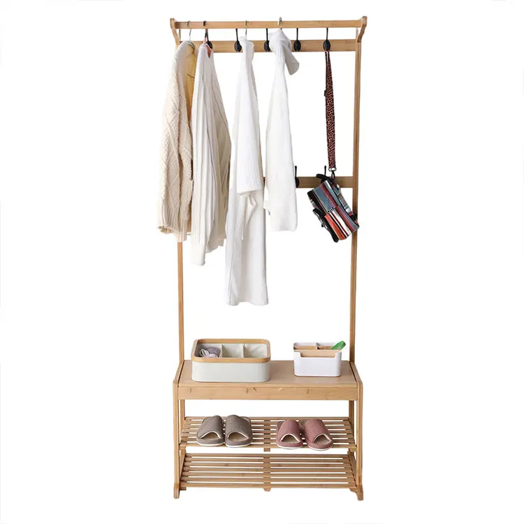 

Bedroom Multifunctional Coat Rack Eco-Friendly Bamboo Simple Storage Rack Clothes Hook Freestanding Hanger, Natural wood color