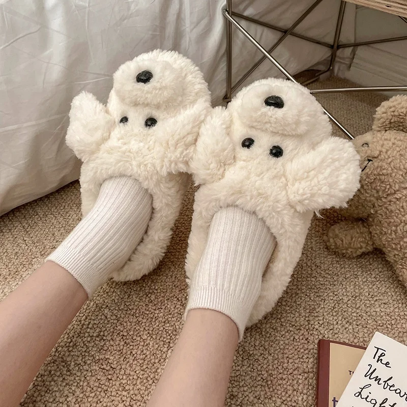 

Latest Fashion Animal Style Cotton Slides for Couple Dog Doge Slip On Winter Furry House Shoes, White, brown