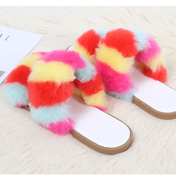 

Fox Fur Slippers Women Fluffy Slides Outdoor Summer Furry Shoes Woman Ladies Sandals Plush Flip Flops Beach slippers, Black, pink, color
