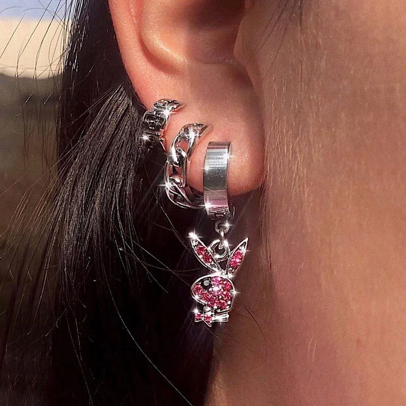 

New Rabbit Earrings Rhinestone Rabbit Women Men Earring Stainless Steel Ear Buckle Gifts Jewelry Christmas Girls and Boys, Pink/sliver