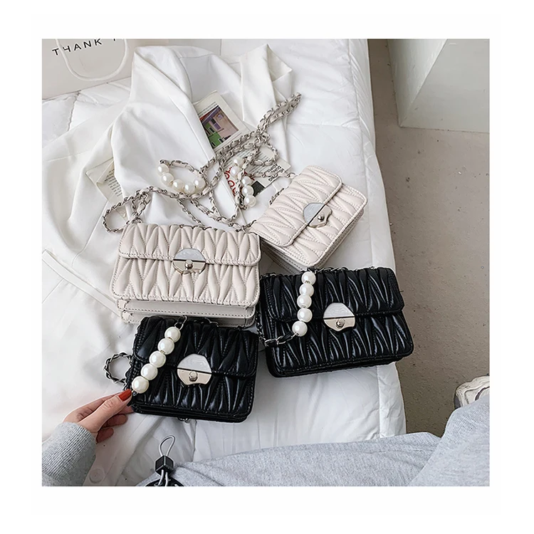 

New Fashion Pleated Shoulder Small Square Bags Luxury Pearl Chain Messenger Bags Textured Quilted Ruched Women Handbags mujer