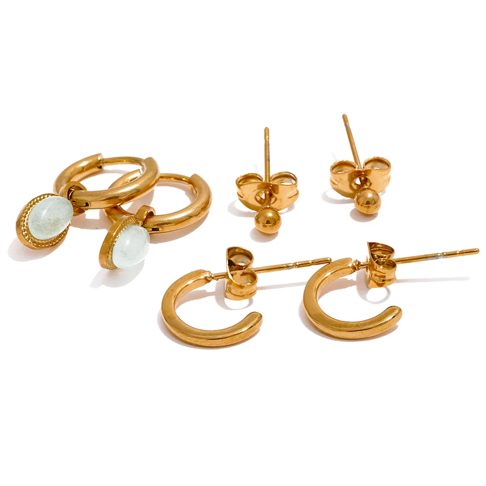 

JINYOU 1748 Fashion 1 Set Natural Stone Drop Stainless Steel C Shape Geometric Stud Earrings Set Women Golden Chic Jewelry Gala