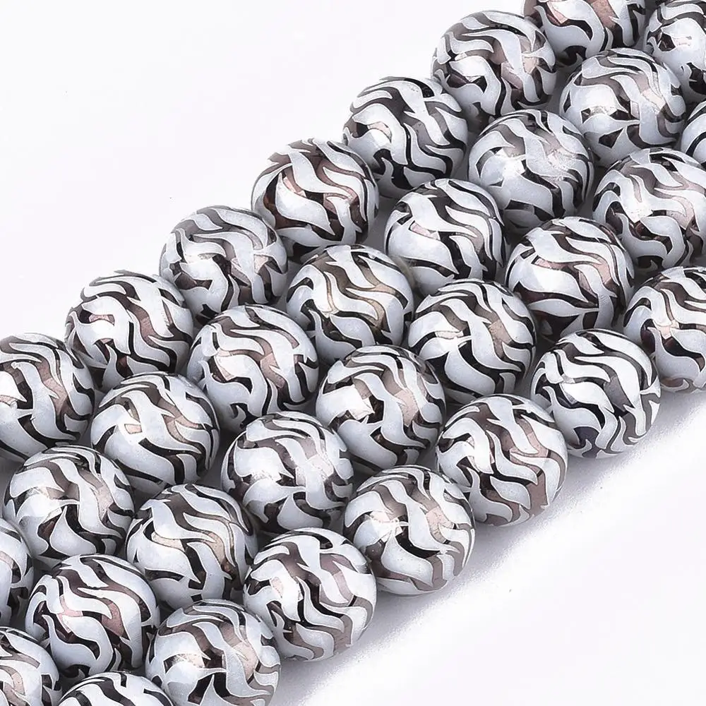 

PandaHall 10mm Round Black Electroplate Stripe Glass Beads Strands