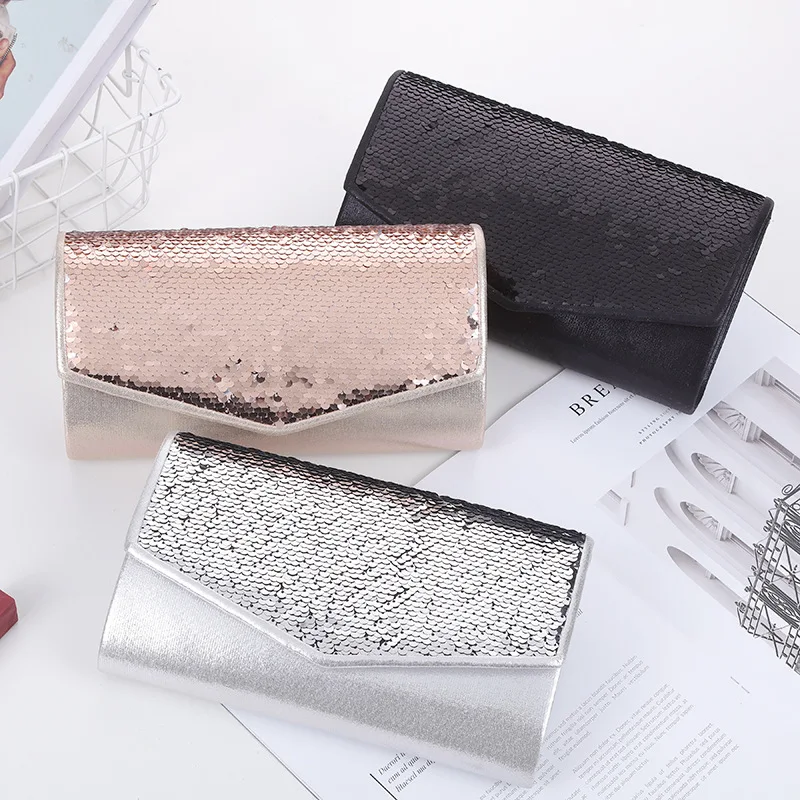 

Luxury Elegant Shiny Sequins Party Clutch Purse Shoulder Chain Bag Satin Envelope Magnetic Flap Evening Bags For Ladies, Silver golden black