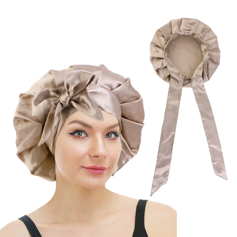 

Wholesale Custom Logo Hair Accessories Large Size Solid Color Women Bonnets Satin Sleep Cap With Tie Wraps For Women