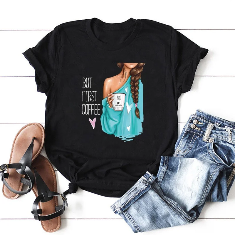 

Wholesale BUT FIRST COFFEE Female Black T-shirt New Arrival Funny T Shirts Women Streetwear Tee Shirt Woman Clothes, Black white gray dark blue red