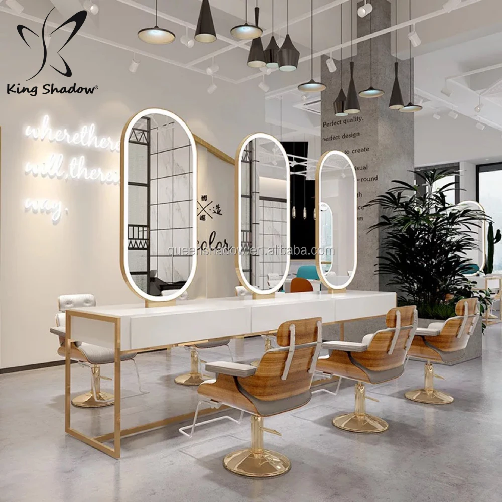 

kingshadow hair stainless steel double bit salon styling mirror station with desk