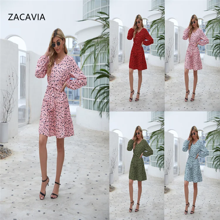 

ZACAVIA Fashion Modern Women's Dress Buttoned Floral Lace-up Long Sleeve Ladies Dress, Photo color