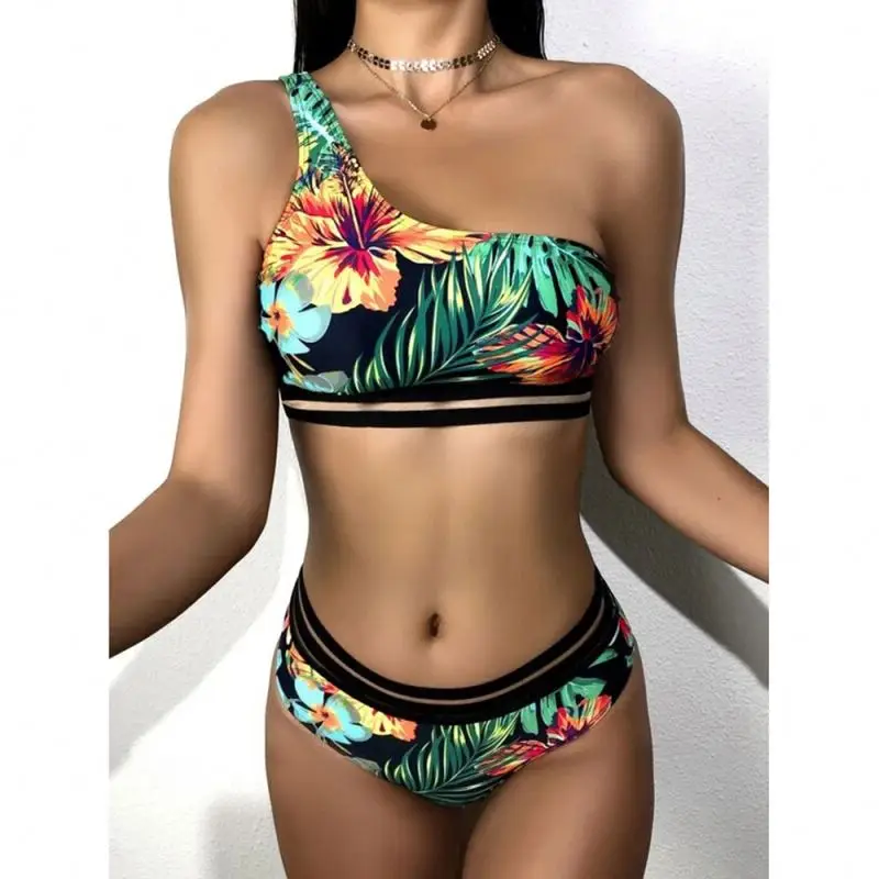 

New Private Label African One Shoulder Top Print Beachwear Swimwear Women Custom Bikini Two Piece Swimsuit, Picture