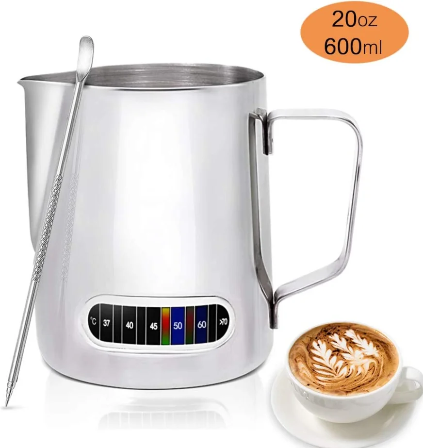 

600ml Stainless Steel Coffee Pot Pull Flower Temperature Display coffee milk frothing pitcher / jug with Thermometer