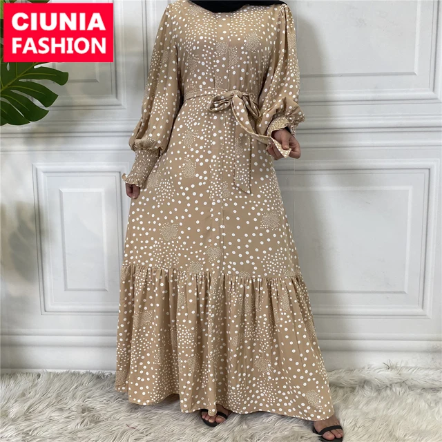 

6541# Polka Dot Maxi Muslim Dresses Long Sleeve Print Dress Modest Islamic Women Clothing