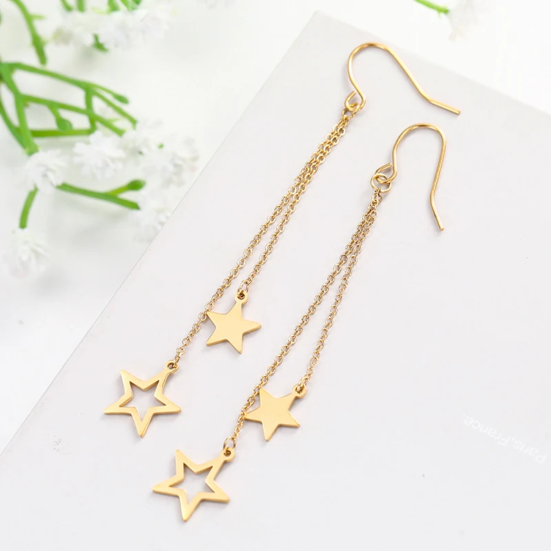 

Star Moon Long Drop Earrings For Women Fine Stainless Steel Statement Earrings Ear Hook Trendy Korean Jewelry Gifts, Steel color,gold