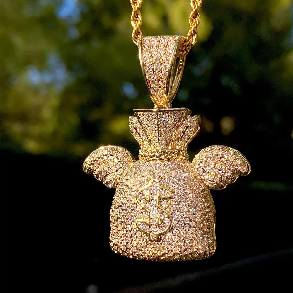 

Discount Hip Hop Jewelry Blings Diamond Brass Money Bag Pendant Little Wings Pendant Necklace For Gift