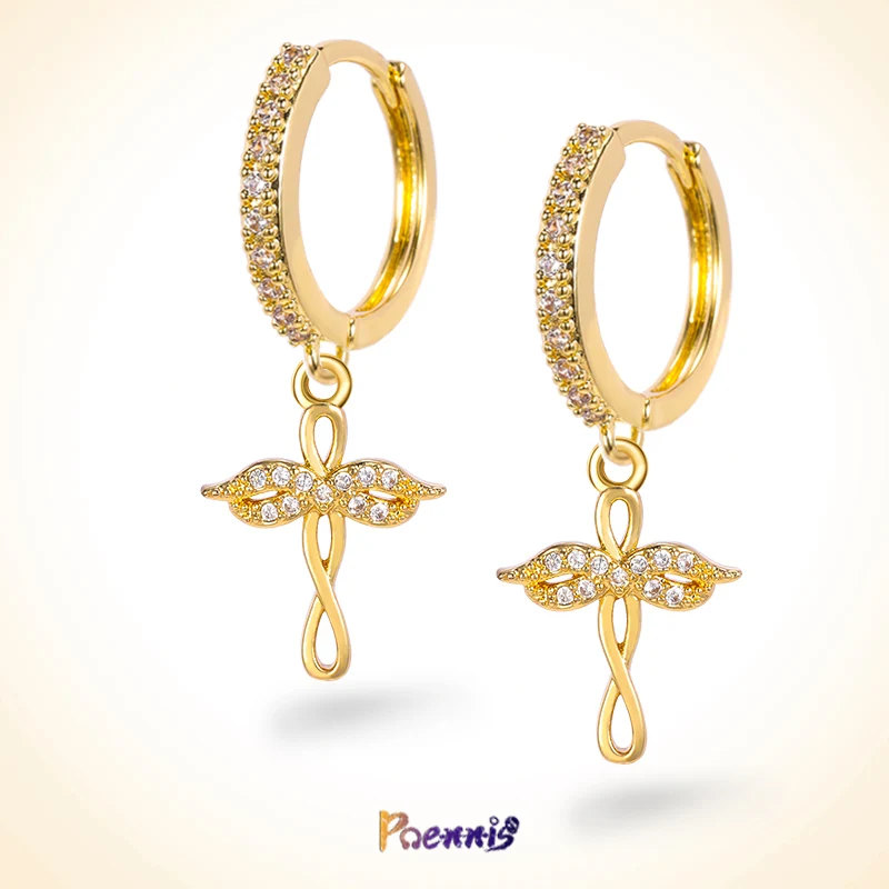 

POENNIS vintage cross earrings 01 14k gold filled hollow angle wings cross charm hoop earrings