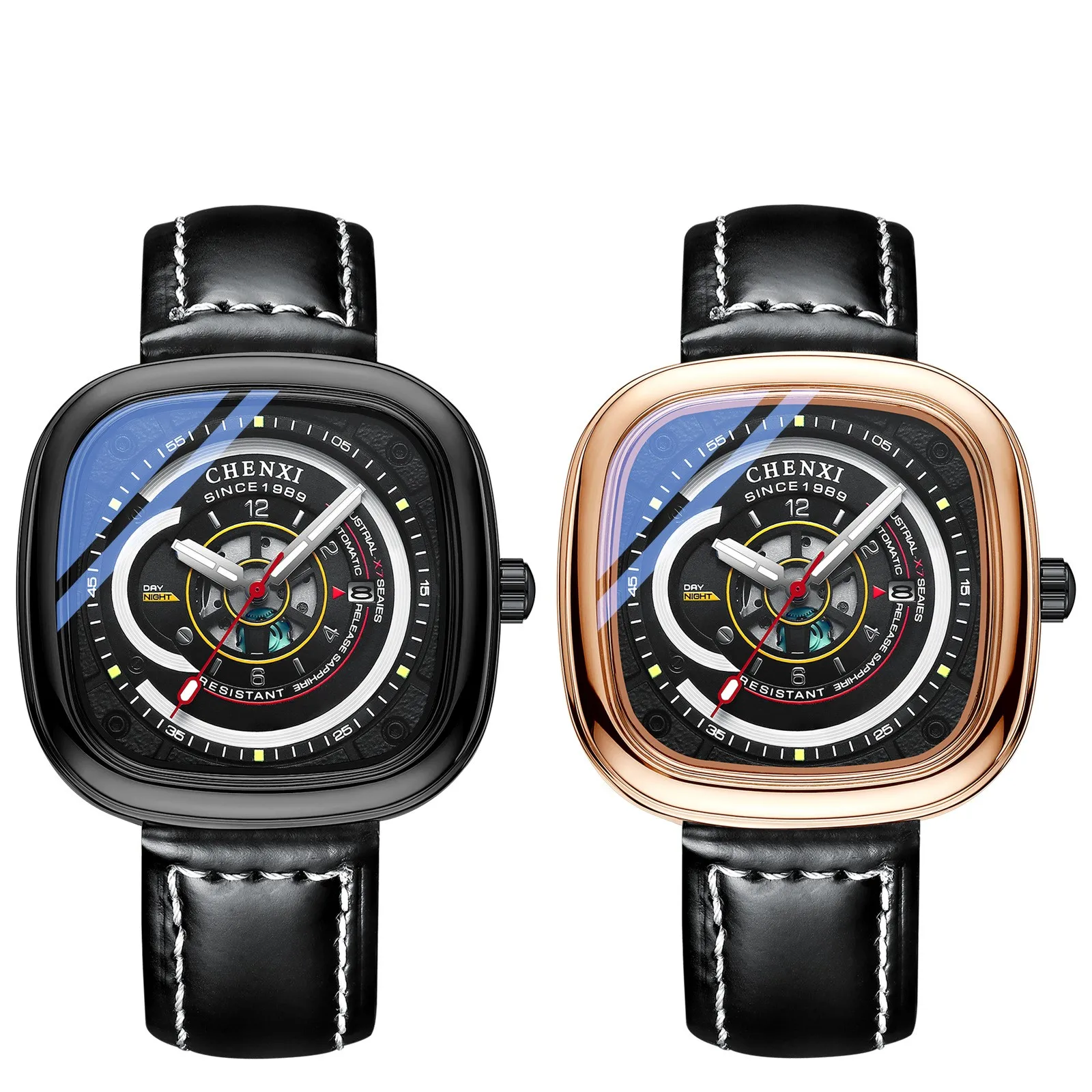 CHENXI 8224 Watch for Men Fashion Square Waterproof Luminous Calendar Men's Quartz Watches Black Genuine Leather Mens Bracelet