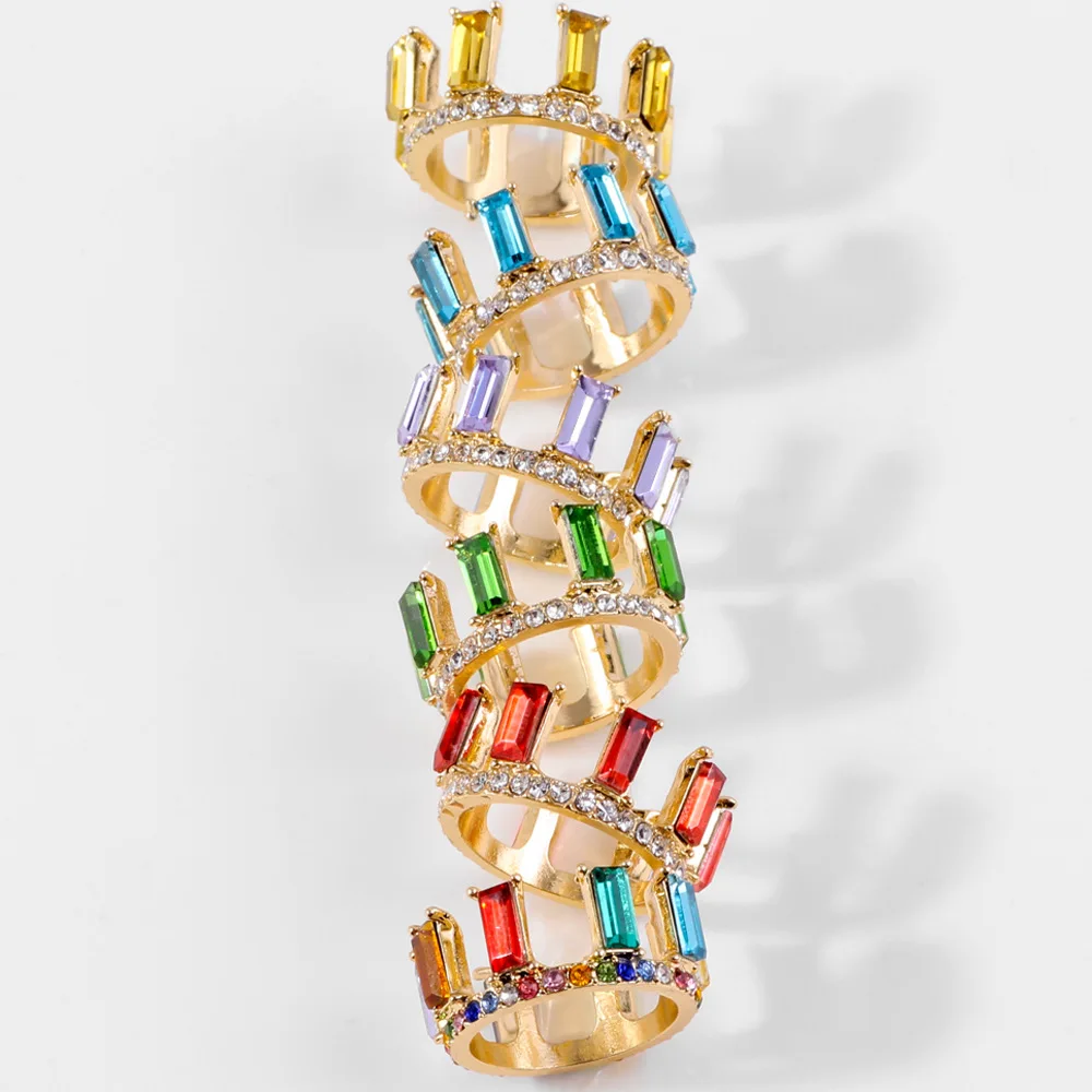 

Luxury Rainbow Ring for Women Dainty Crown Rainbow Gold Engagement Ring Rectangle Colorful CZ Wedding Rings for Party