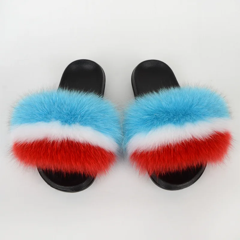 

Curlyfur 2021 real fox raccoon fur shoes fashion summer fluffy slippers women fur slide sandals