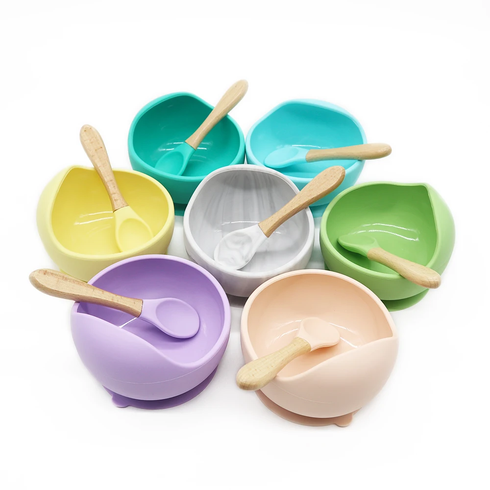 

Amazon hot sale infant suction plate food bowls set and spoon silicone feeding baby bowl, 6 colors