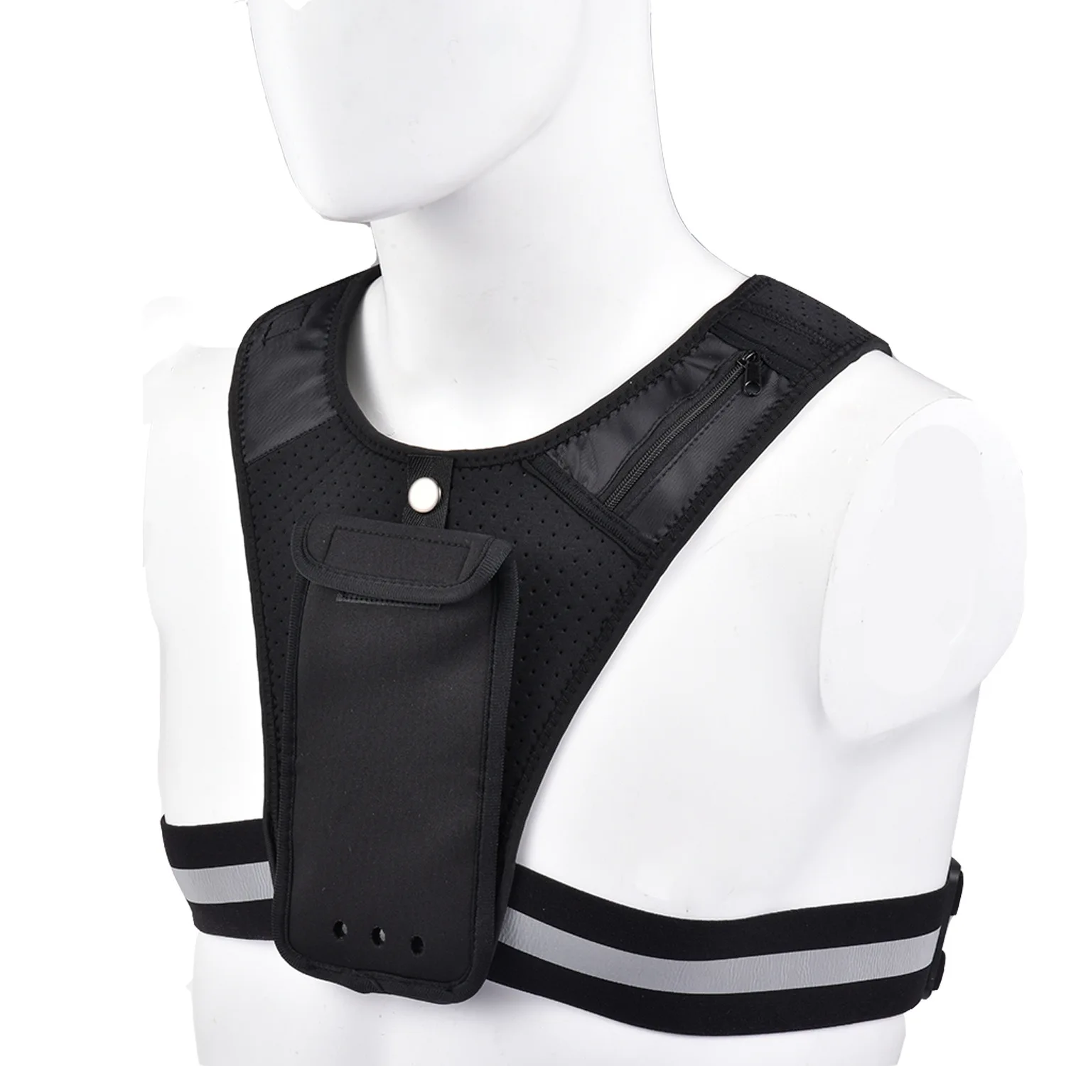 

Universal Reflective Adjustable Chest Running Vest Phone Holder with Waistband for Jogging Hiking, Black, reflective strip black