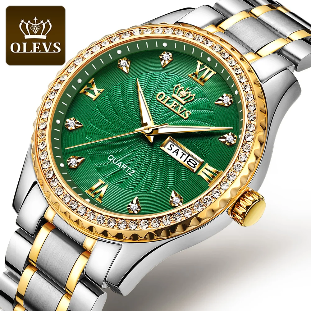 

OLEVS 5565 Men Diamond Watches Brand Luxury Stainless Steel Business Date Week Clock Waterproof Trendy Male Quartz Wrist Watch