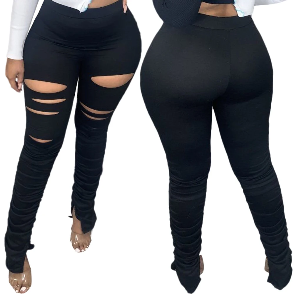 

2021 Perforated Pleated Split Trousers For Ladies High Waist Skinny  Stacked Pencil Pants Casual Leggings For Women