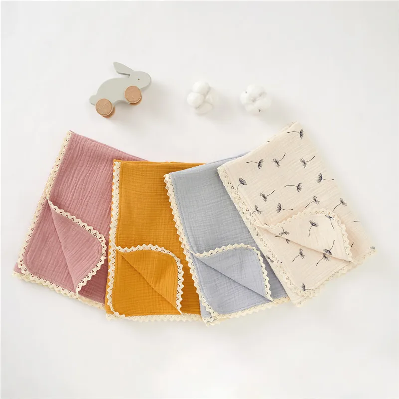 Double Layer Baby Blanket Muslin Lace Trim 100 Organic Cotton 60x60cm