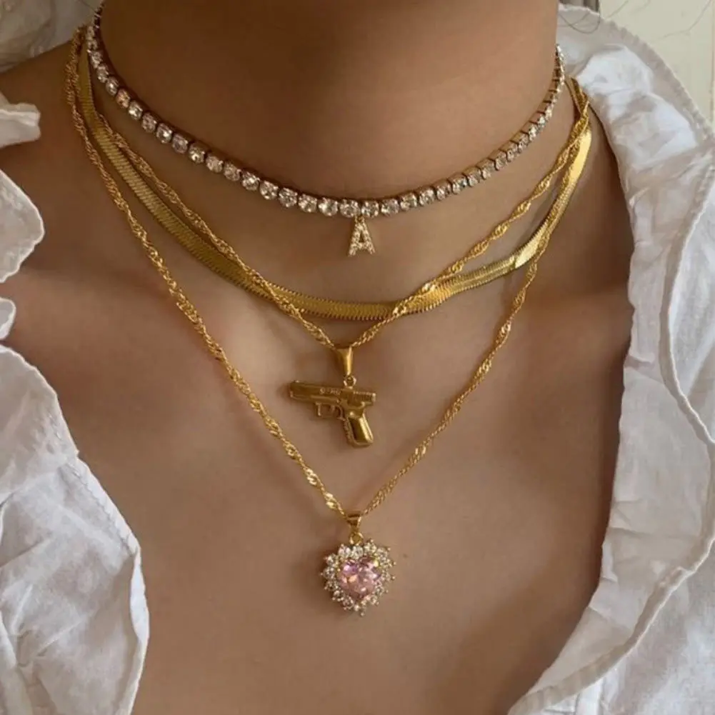 

2022 new styles 18k gold plated letter 3 layer gun heart diamond layered necklace for woman, As picture