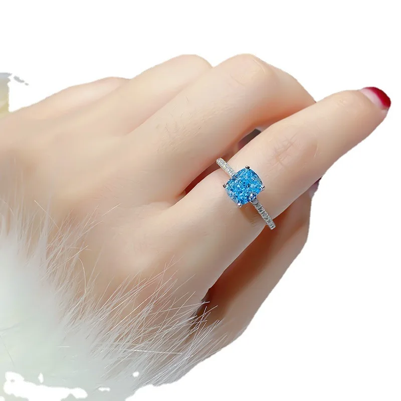 

2021 new S925 silver ring fantasy aquamarine blue diamond ring temperament white female engagement ring, Picture shows