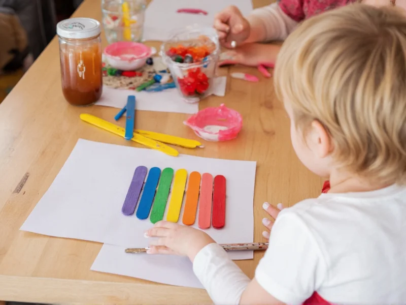 Toddler creating colorful popsicle stick rainbow craft with assistance