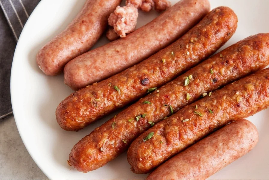 Grilled sausages served on a wooden plate