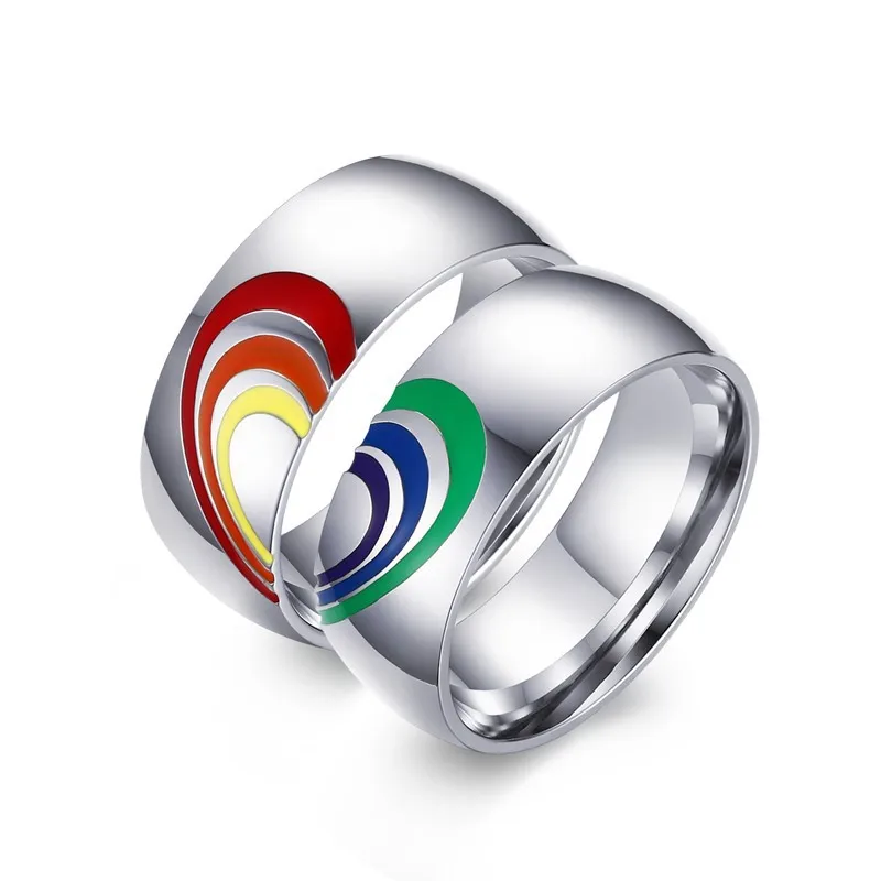 

High Polished 8mm Rainbow Ring Stainless Steel Gay&Lesbian Ring LGBT Pride Ring for Couple, As picture shows