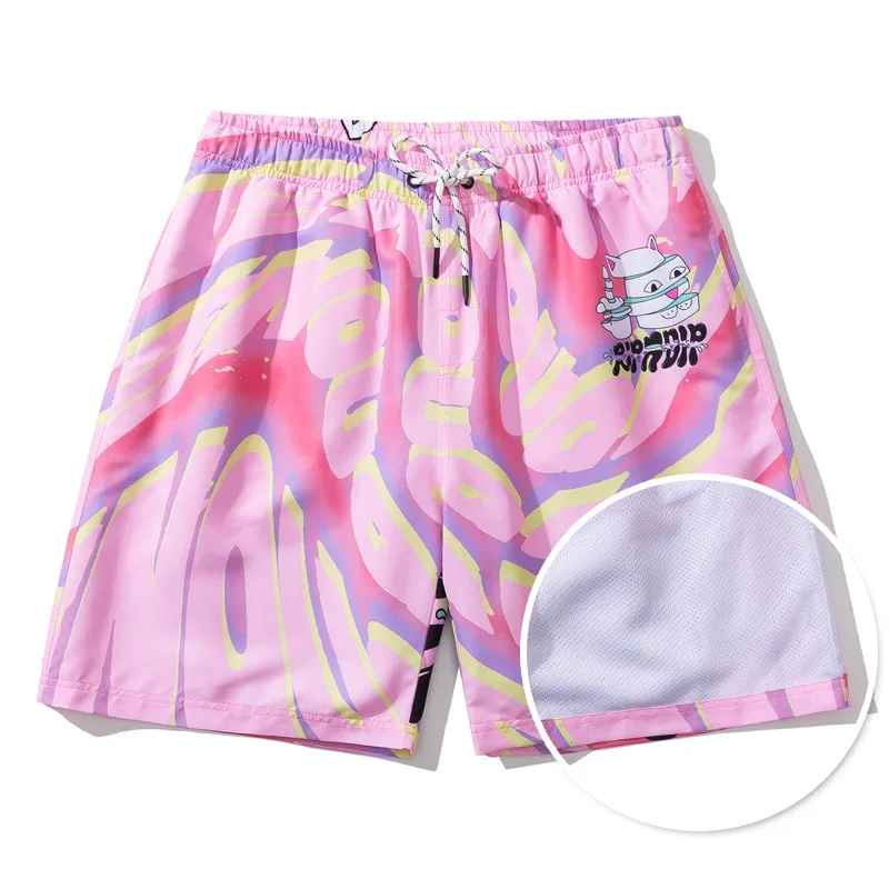 

Summer Mens Swim Shorts Pink Color Casual Shorts Male Beach Wear Swimsuit Men Board Shorts, As shown in the pic