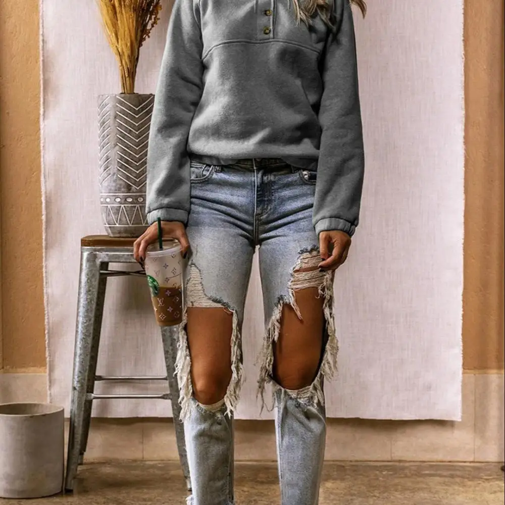 

2021 New Fashion Women's Solid Color Button Half-opening Long-sleeved Casual Hooded Sweater