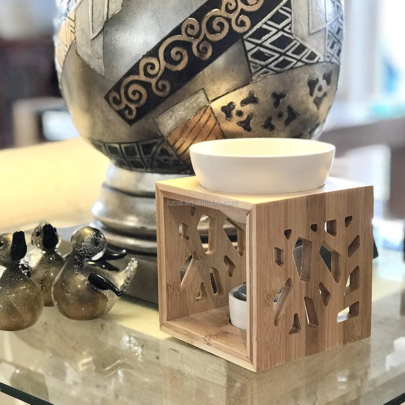 Bamboo Wooden Scented Oil Burner Soy Wax Melts Warmer Aroma Ceramic