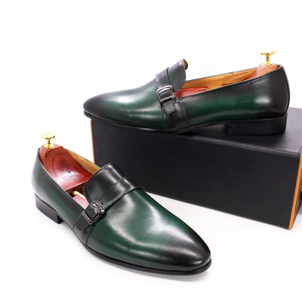 

Custom design mocassin shoes for men real leather green loafers handmade monk strap casual shoes, Color