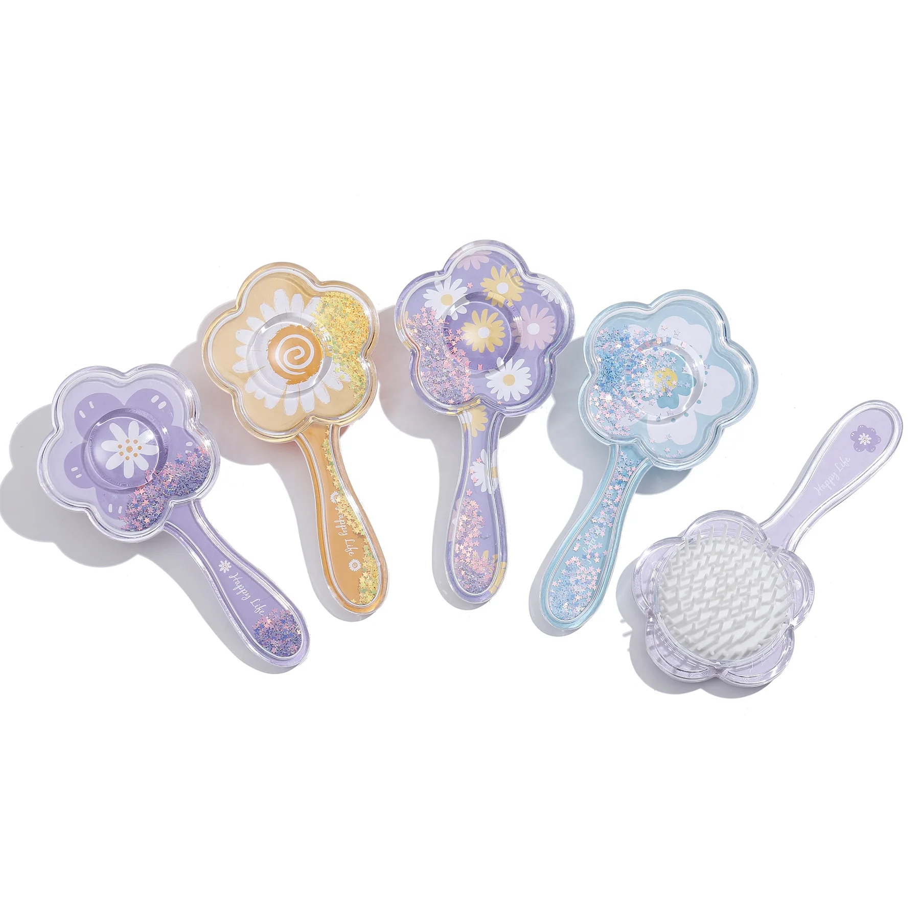 

Bulk Colorful Confetti Customize Hairbrush Cosmetic Tools Flower-shaped Mini Hair Brush Transparent Trip Portable Hairbrush, Customized color