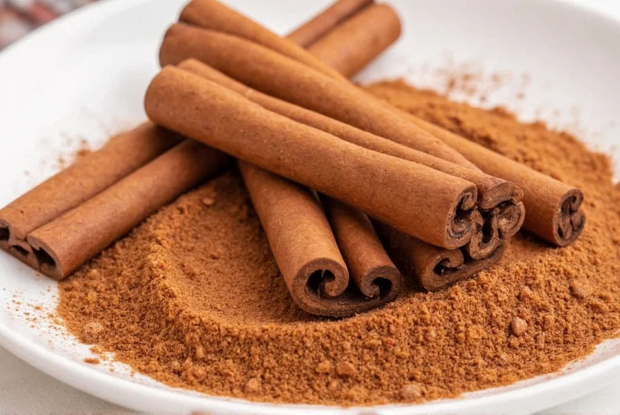 Organic true cinnamon powder sprinkled on healthy foods like oatmeal, fruit, and yogurt