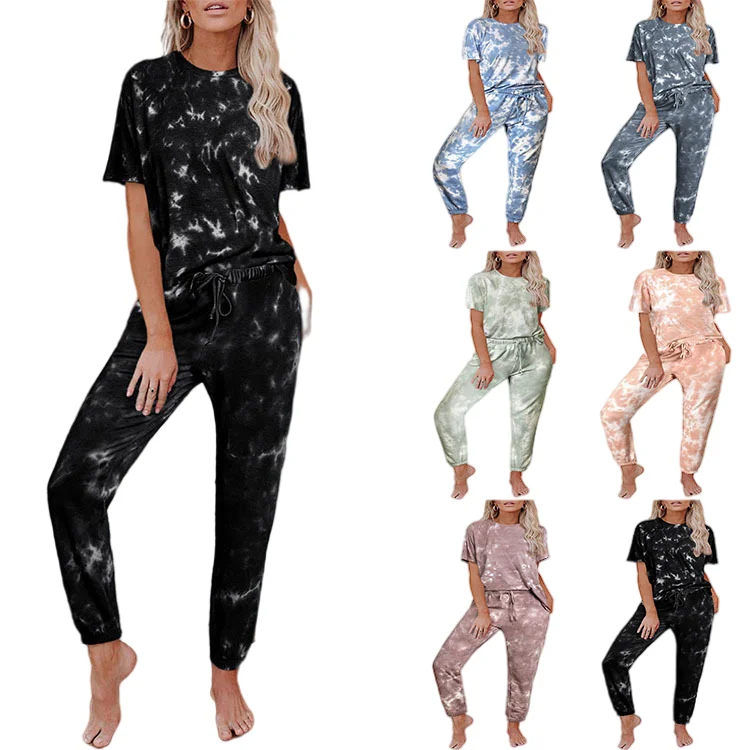 

2022 Spring Shirts And Pants S-3XL Lounge Wear Set Women Two Piece Tie Dye Long Pajama Set, Picture shows