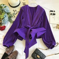 

Spring Autumn Women V-neck Puff Sleeves Blouse Slim Tunic Tops Retro Vintage Pullovers Busos Para Mujer Kimonos