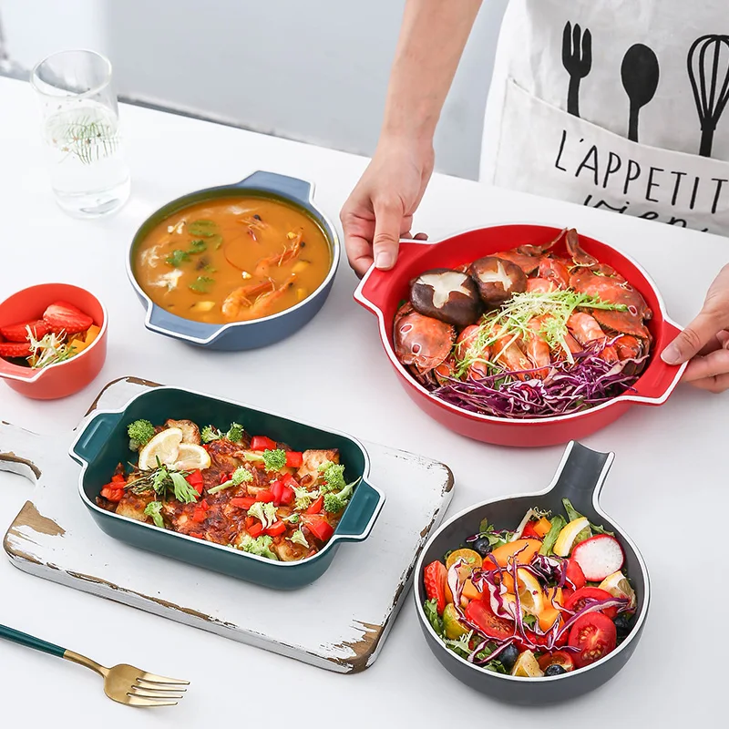 

Factory Cheap Stoneware Baking Pan Ceramic Ovenware With Handle, Blue/red/green/grey