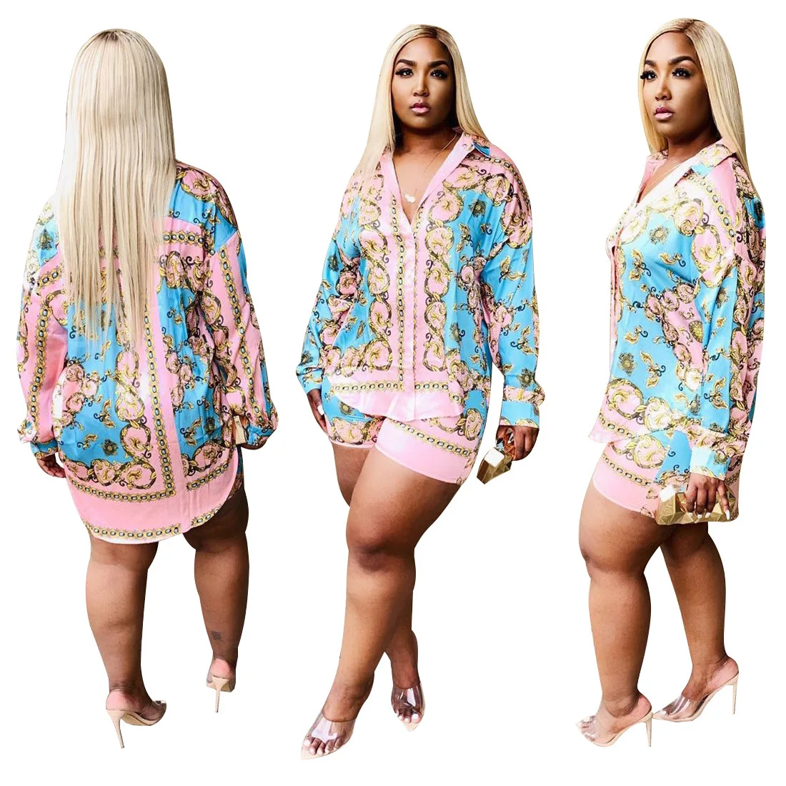 

YS-2129 Spring And Summer New Women'S Digital Casual Printed Shirt Two-Piece Suit