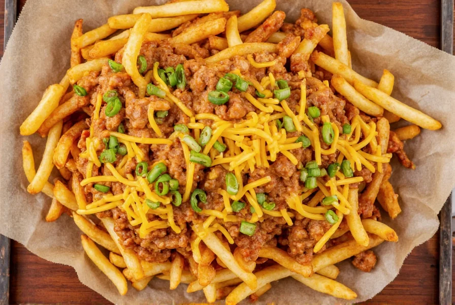 Overhead view of chili cheese fries with golden french fries topped with rich chili and melted cheese blend, garnished with green onions