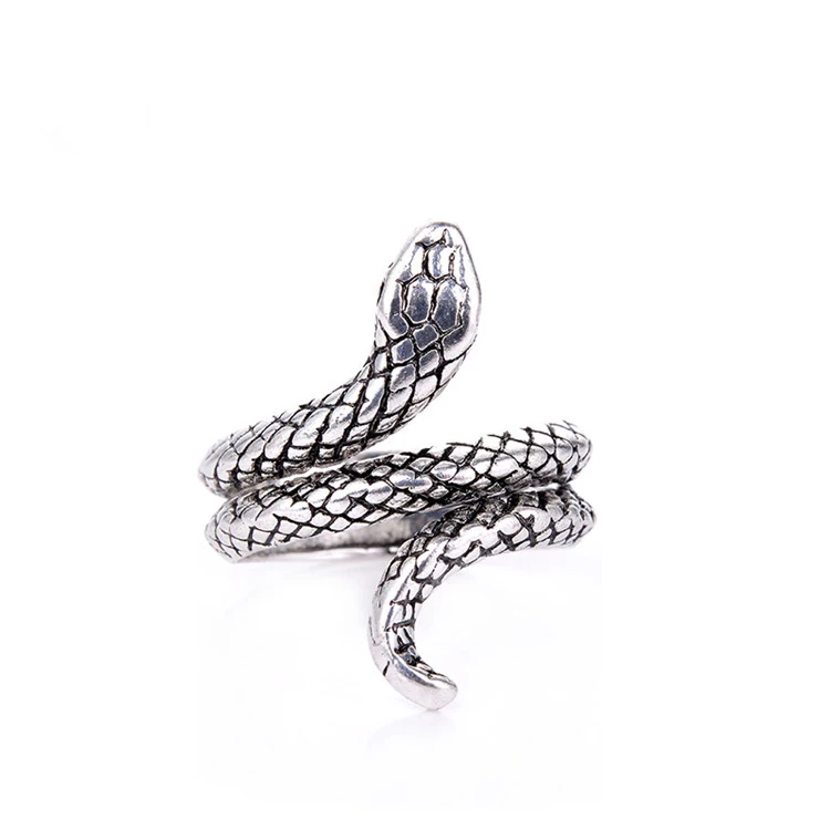 

High Quality Retro Personality Hip-hop Ring Unique Snake Adjustable Ring Men Stainless Steel Jewelry Open Ring, Silver