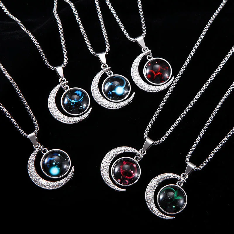 

Fashion Luminous Stainless Steel Crescent Moon Zodiac Pendant Charm Chinese Zodiac Necklace Vintage Zodiac Necklace