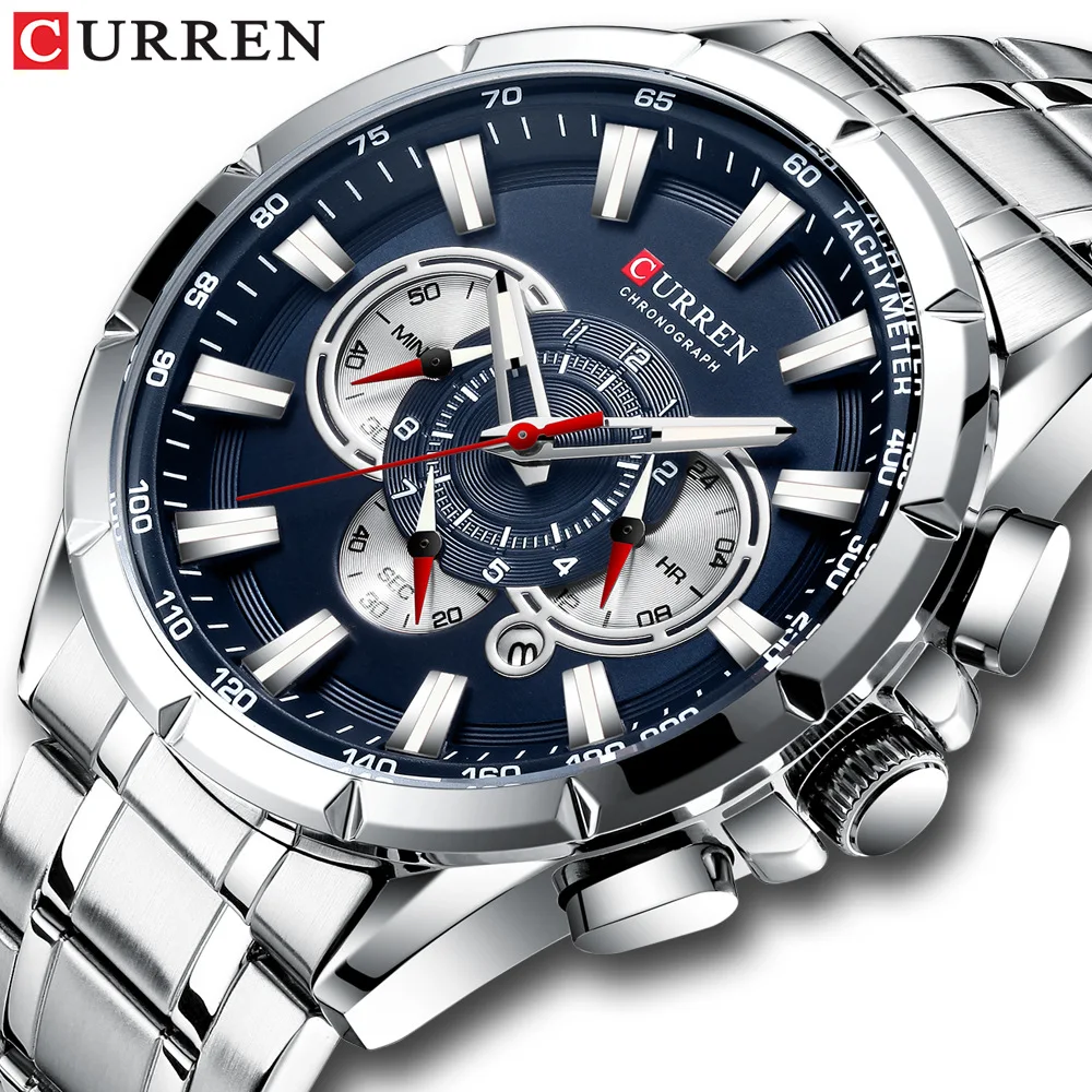 

CURREN New Casual Sport Chronograph Men's Watches Stainless Steel Band Wristwatch Big Dial Quartz Clock with Luminous Pointers, 5 colors