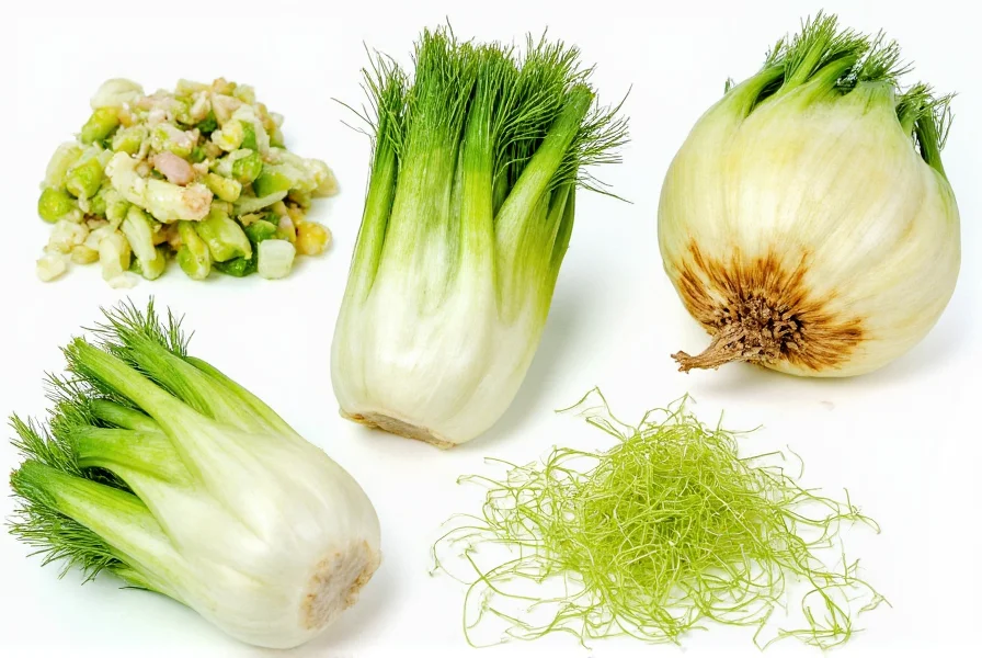 Various culinary preparations of fennel including raw salad, roasted bulb, and fronds as garnish