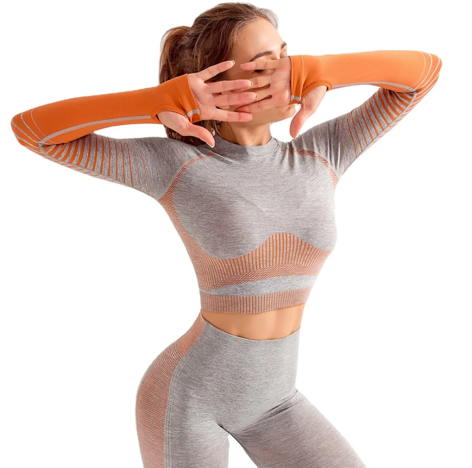 

aola new style long sleeve fitness clothing gym tank top, Orange/ pink/ gray
