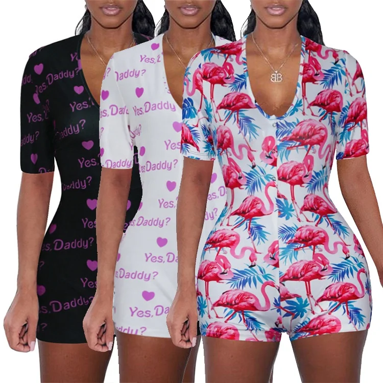 

Summer Sexy Printed Nighty Rompers Short Sleeve Women's One Piece Pajama Sleepwear, Multiple styles to choose